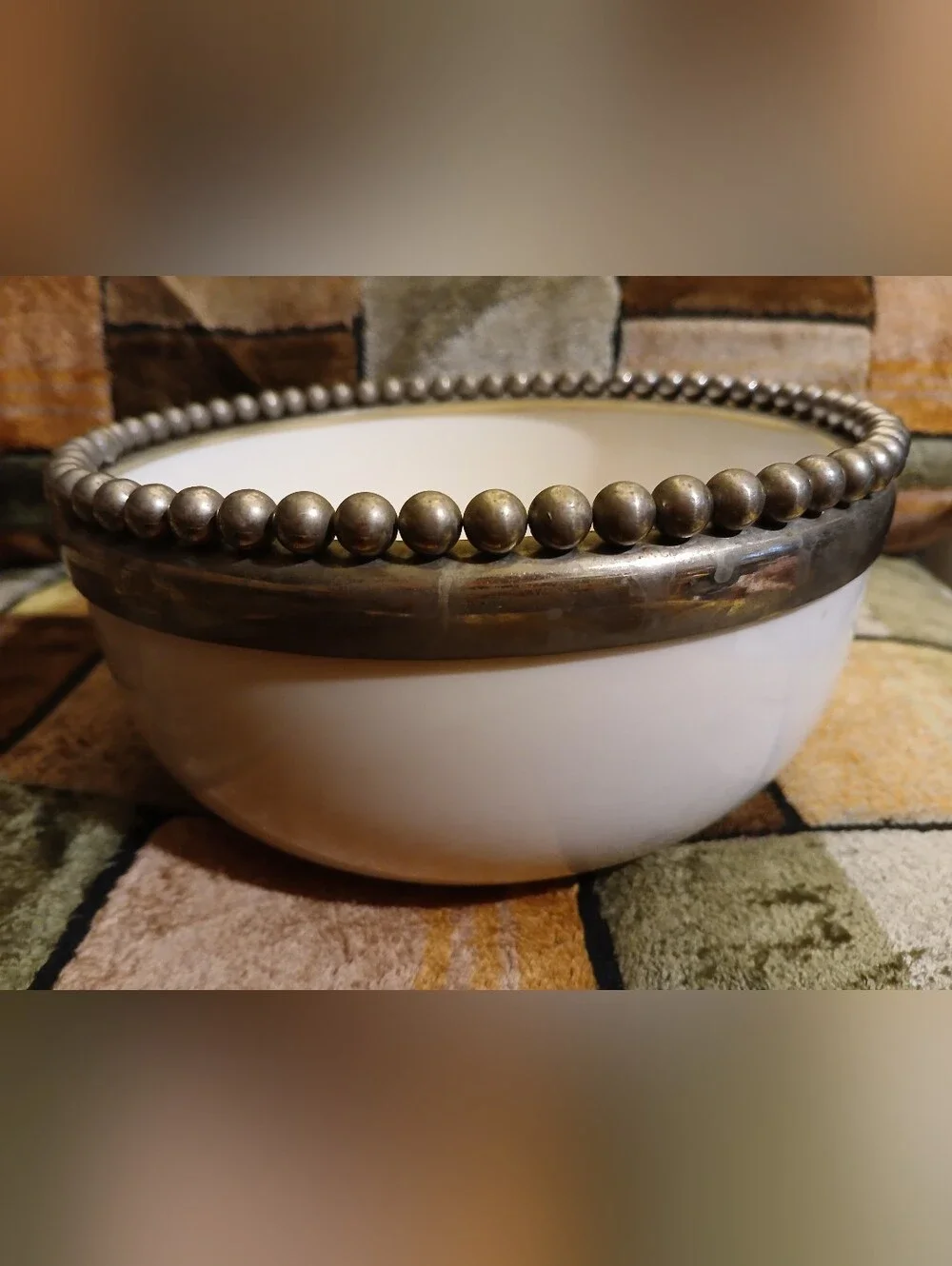 White Ceramic Bowl with Antique Beaded Rim